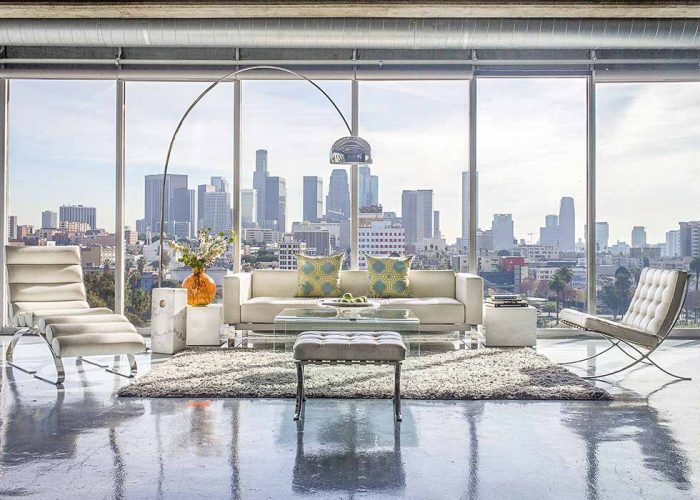 cement studio with a backdrop of Los Angeles
